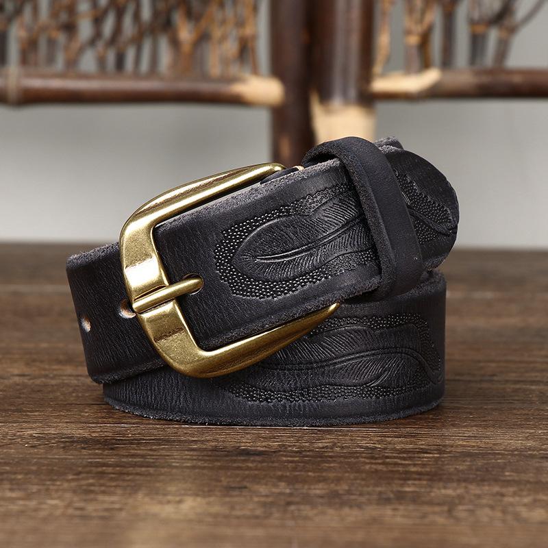 Cinto Masculino Retro Personalidade Primeira Camada Couro de Vaca Esculpido Fivela de Pino Jovens Moda Jeans Cinto Casual
