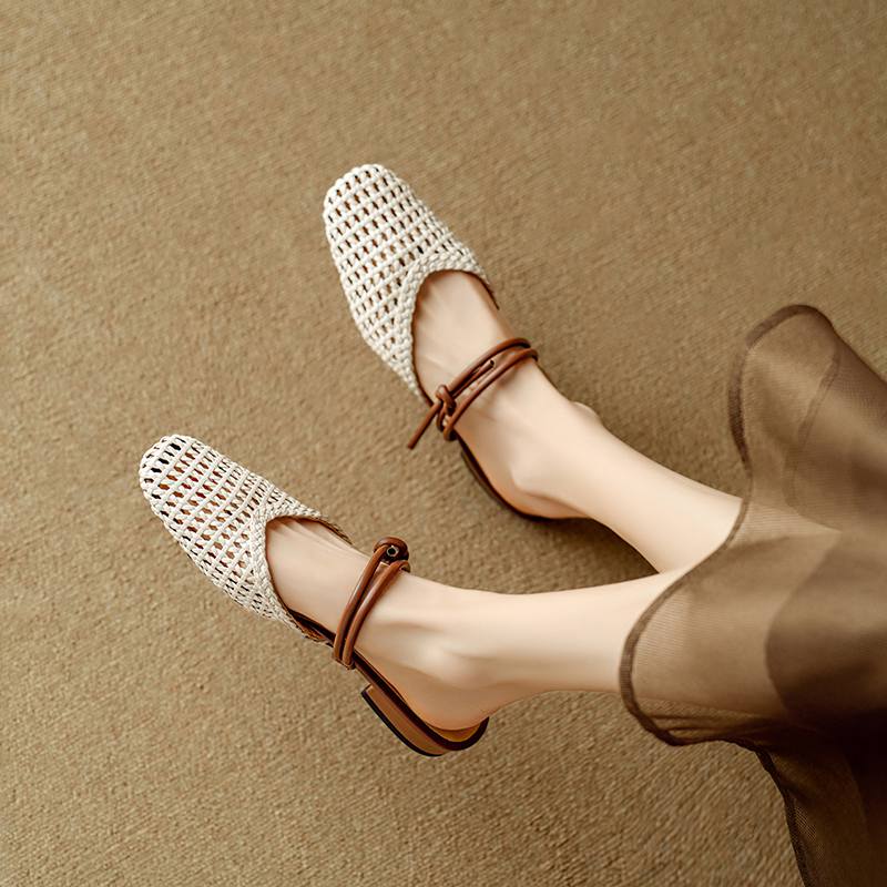 Krazing Pot Microfiber Mules Weaving Summer Size 41 Low Heels Slingback Party Shoes Women Square Toe Gladiator Hollow Out Pumps