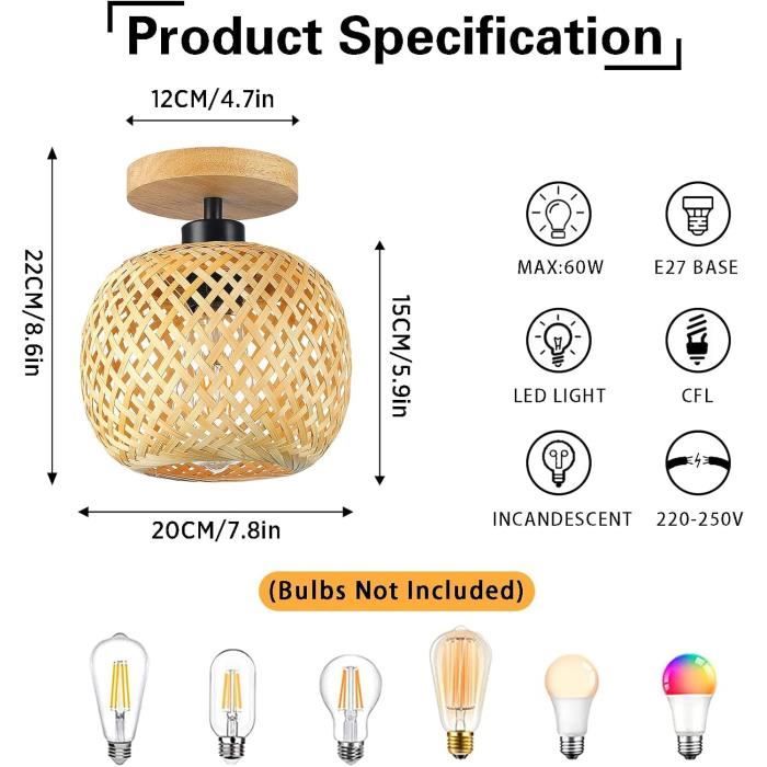 Plafonnier - Schindora - Semi-encastré - Bambou - Rotin - Style bohème