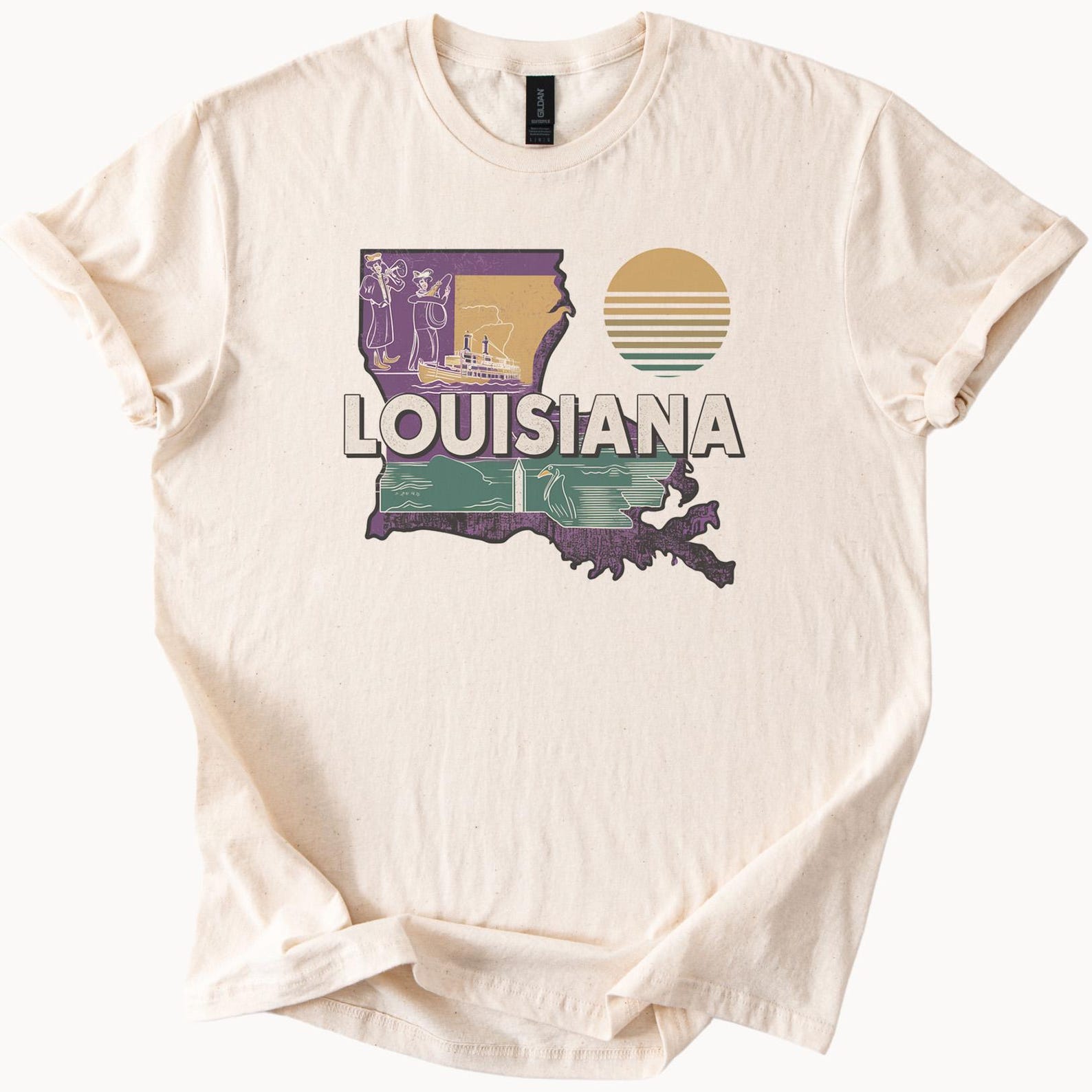 Louisiana Graphic T Shirt Retro State Map Outline Jazz Musicians Steamboat Pelican Scenic Art Souvenir Louisiana Shirt Gift 160