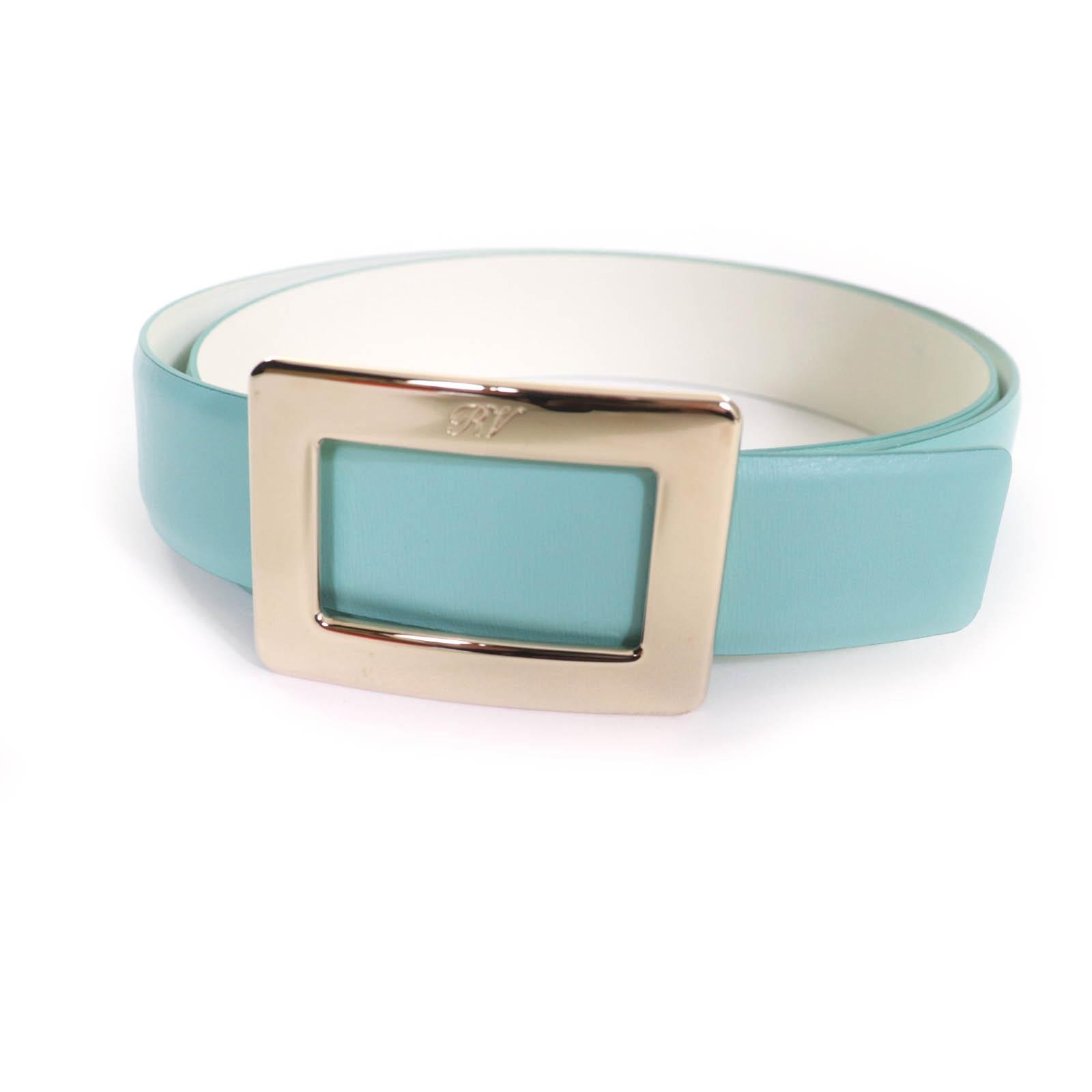 

Отличный ремень ROGER VIVIER Логотип квадратная пряжка кожа Светло-голубая кожа Женский Б/у