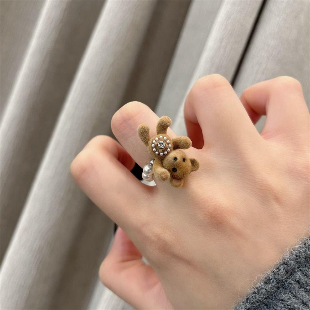 Cute Cartoon Ring Set Funny Sweet Choker Adorable Flocked Bear Necklace  Girls Jewelry