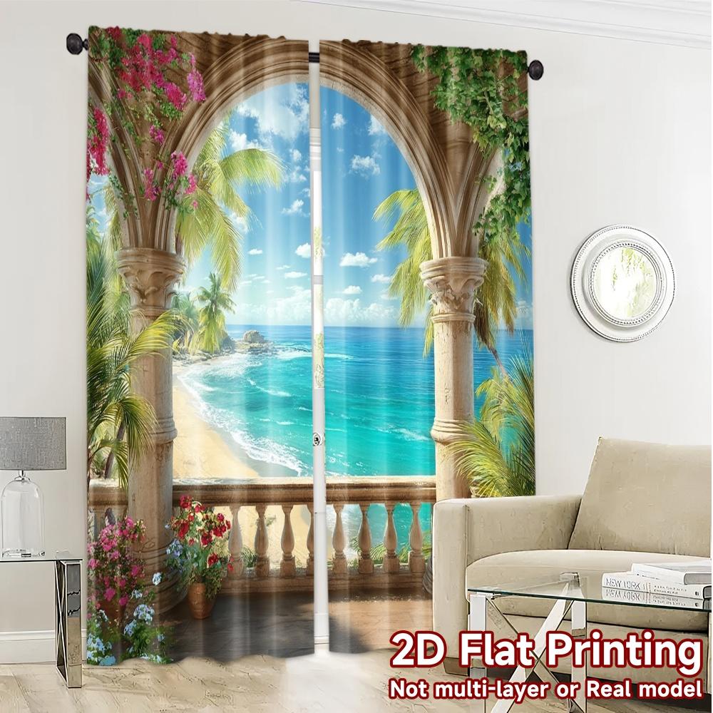 Flat Printing Curtains Without Rod Mediterranean View Chic Creative Versatile Polyester All Seasons Curtain Set Of 2 Made Washable