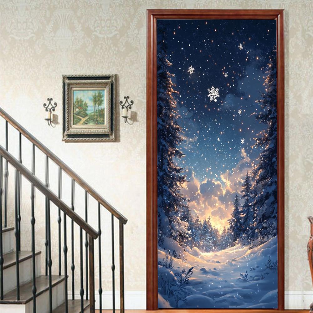 Christmas Tree PVC Self-Adhesive Waterproof Door Sticker Modern Simulation Door Mural Wallpaper Living Room Study Home Decor Art Door Poster
