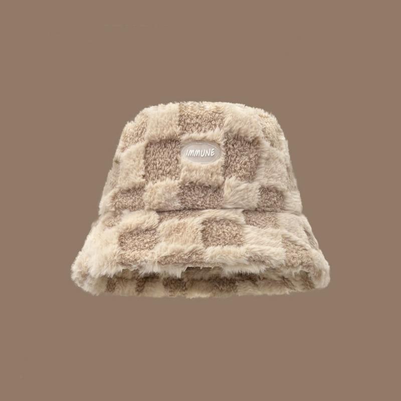 Lamb wool plaid fisherman's hat Children's autumn and winter thickened thermal basin hat Show face Young student couple bucket hat