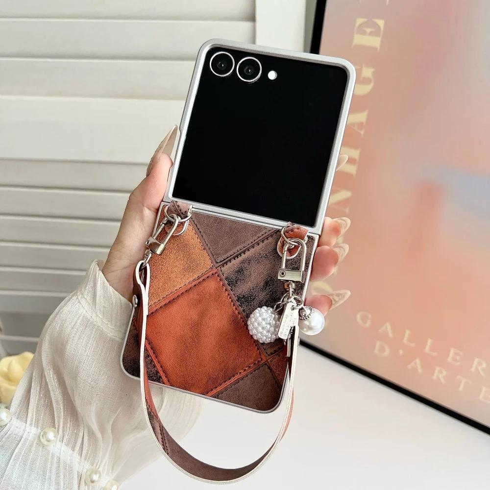 Fusion Business Sle Bla Color Collision Wristband Lanyard Leather Phone Case for Samsung Galaxy Z Flip 7 6 5 4 3 Protect Cover