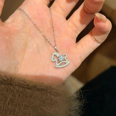 S925 Sterling Silver Horse Necklace for Women , Light Romantic Moissanite & Zircon Pendant , Zodiac Animal Design Chain