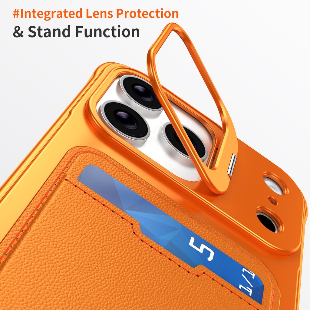 For iPhone 15 Pro Max Case Lens Frame Kickstand Metal Frameless Phone Cover with Leather Card Slots