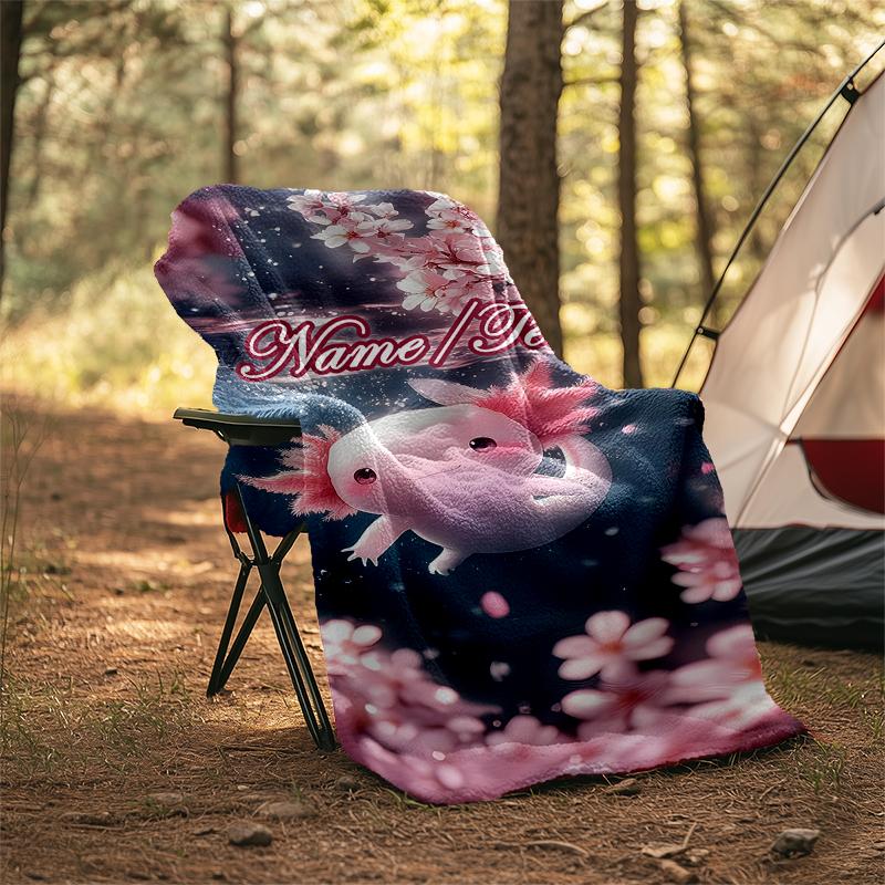 1PC Custom Name Axolotl Cherry Blossoms Outdooor Flannel Blankets Throw Blanket All-Season Throw Gift Bedspread for Couch, Bed, Camping Holiday Birthd