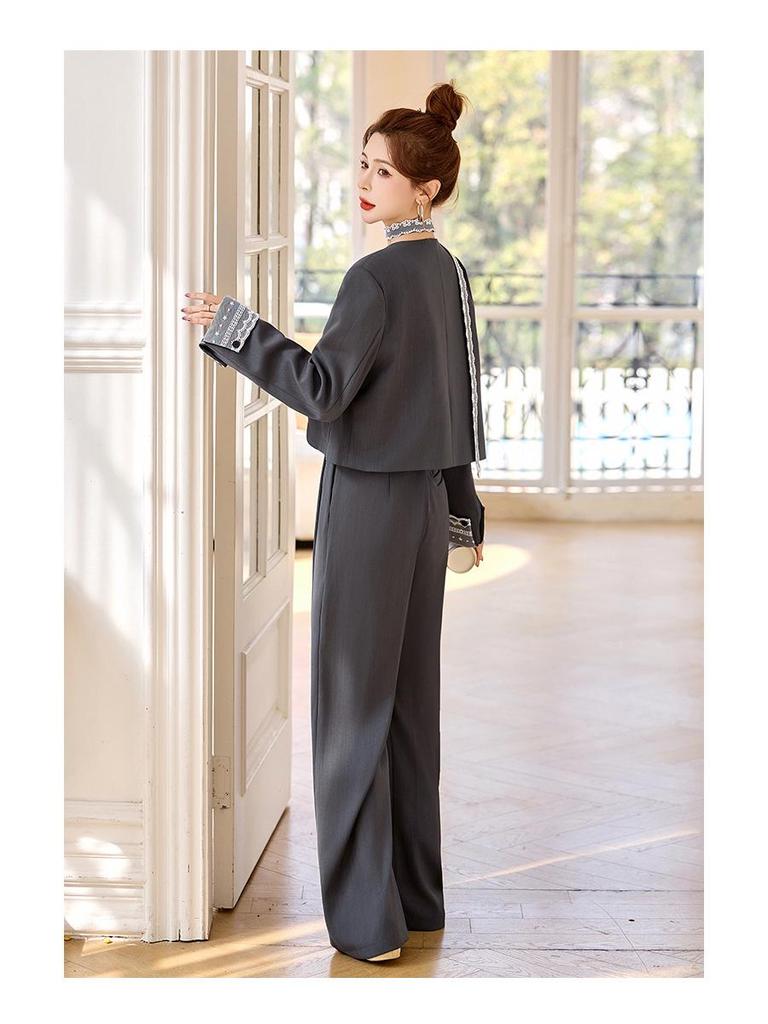 2025 Spring Lace Patchwork Jacket & Wide-Leg Pants Set