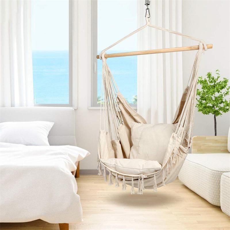 Leagăn cu frânghie suspendat, scaun tip hamac, maxim 500 lbs, 2 perne incluse, scaun suspendat mare din macrame cu buzunar pentru confort superior