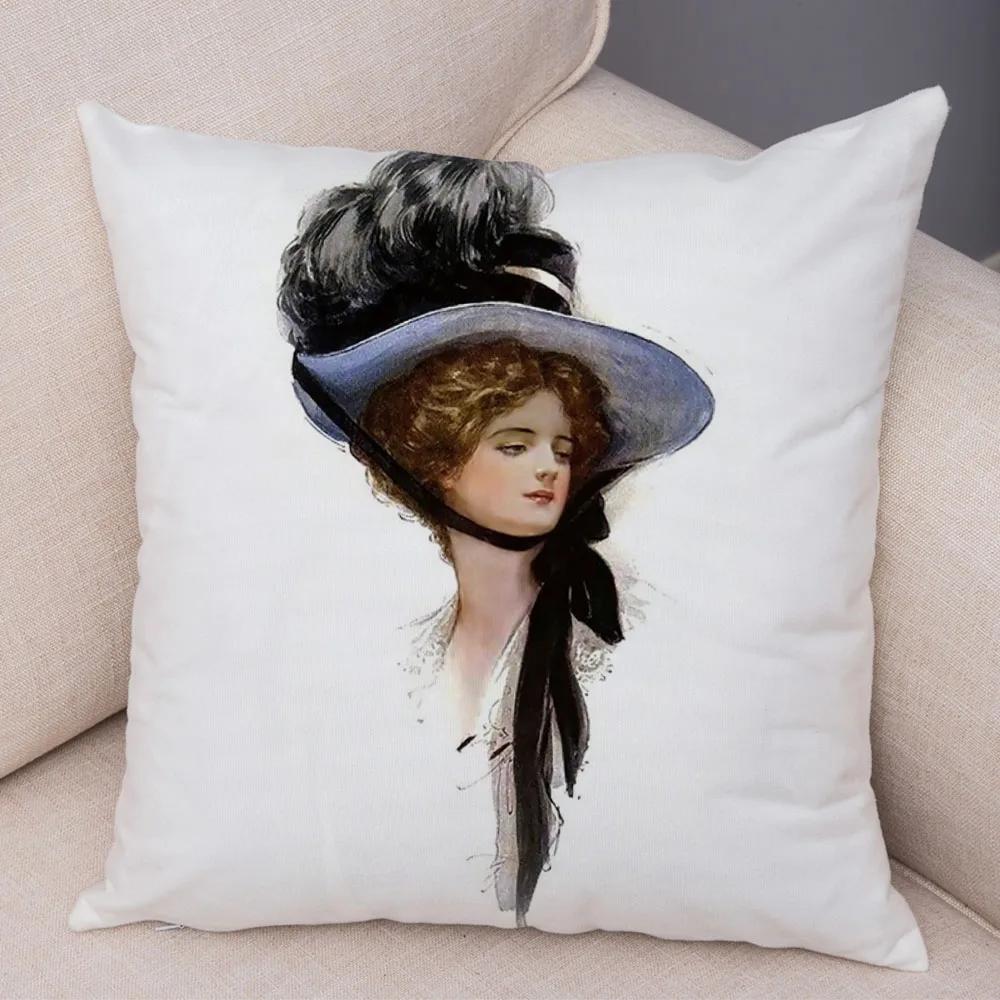 European Lady Cushion Cover Decor Vintage Style Elegant Women Print Pillowcase for Sofa Home Car Soft Plush Pillow Case 45x45cm