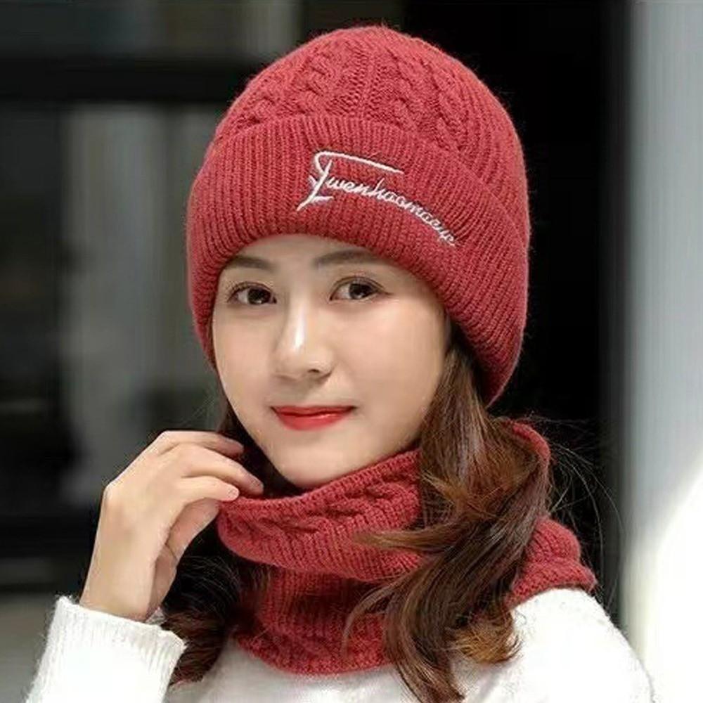 

New Windproof Pullover Cap Warm Plush Knitting Hat Scarf Set Thickned Neck Protection Scarf Women червоний