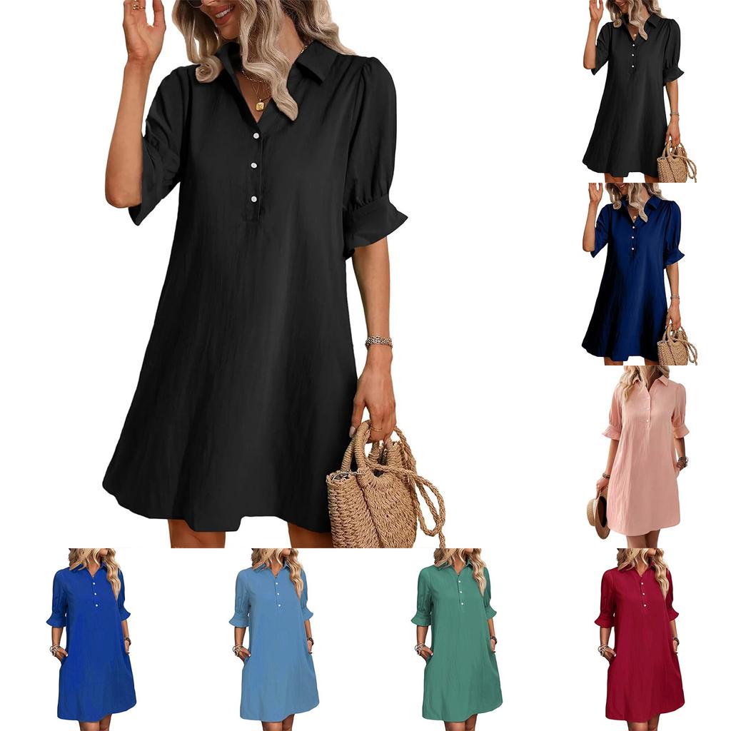 Women's Casual Fashion Summer Loose Solid Color Button Half Sleeve Dress