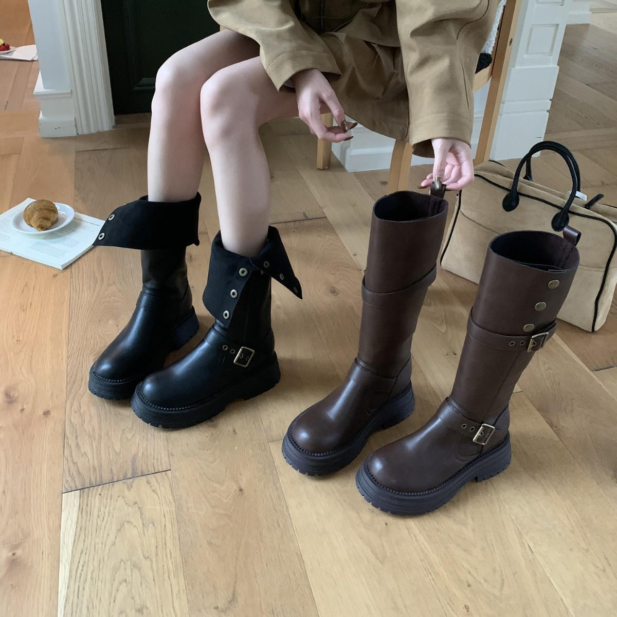 

2025 new round head thick heel belt buckle straight riding boots thin fashion western button high knight boots 39 кавовий