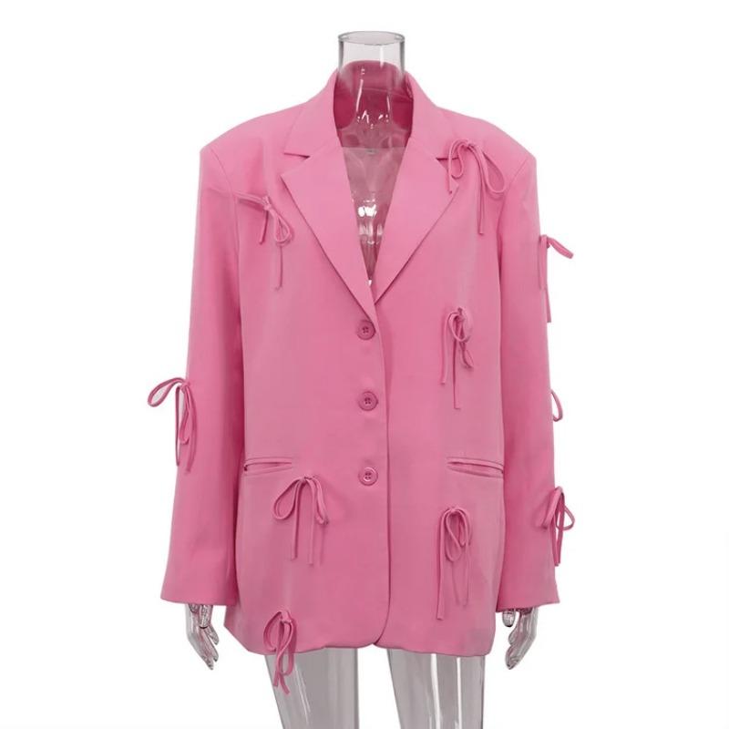 Women Y2k Bow Casual Office Blazer Top Cute Notch Lapel Button Up Jacket Oversized Long Sleeve Coat