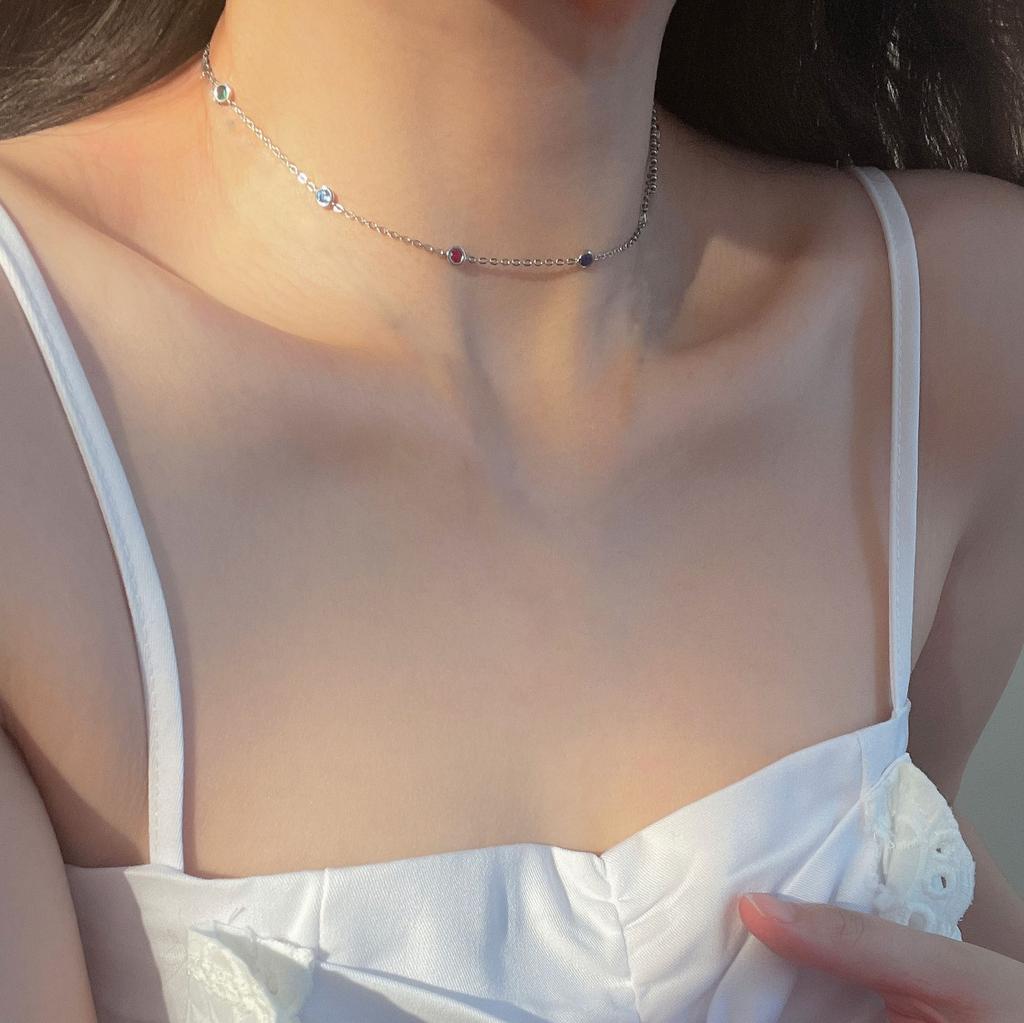 High-End Simple Bead Chain Colored Zircon Necklace Women'S Light Luxury Niche Cold Wind Collarbone Chain Jewelry
