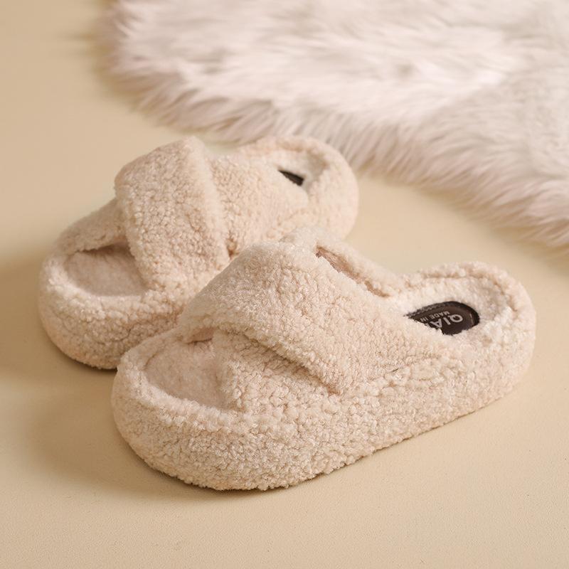 2025 autumn and winter new Korean version of cute fluffy slippers women wear thick bottom home fluff one-word cotton slippers