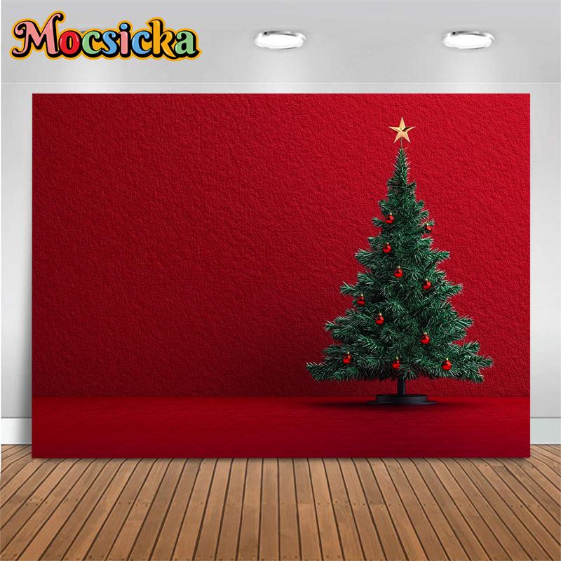 Mocsicka Christmas Photography Background Green Xmas Tree Red Wall Decoration Family Children Adult Photo Backdrop Studio Banner
