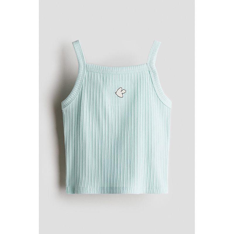 

HM Children s Clothing Girl Vest 2025 Summer New Arrival Collarless Print Fashionable Embroidery Camisole 1282319 Light green turquoise/Bird 90/52(1 ½-2Y)