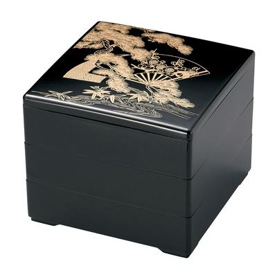 Wakaizumi Lake İşlemeli Eşya, 6,5 inç Jubako (Üç Katlı) Siyah Çam, Bambu ve Erik Tasarımlı Kutu (Siyah İç Mekan), H-158-67A