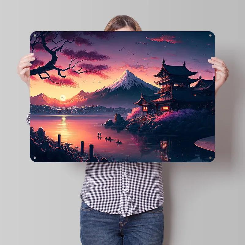 Japanese Castle Sunset D Texture Printed Poster Custom Vintage Metal Tin Plate Sign for Wall Art Home Decor House Wand Deko