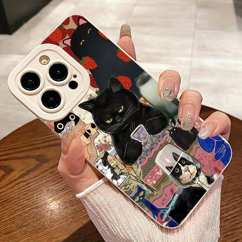 Vintage Cat Drinking Tea Pattern Phone Case For iPhone 17 16 15 14 13 12 11 Pro Max XS X XR 7 8 Plus 16E 17 Air Matte Soft Cover