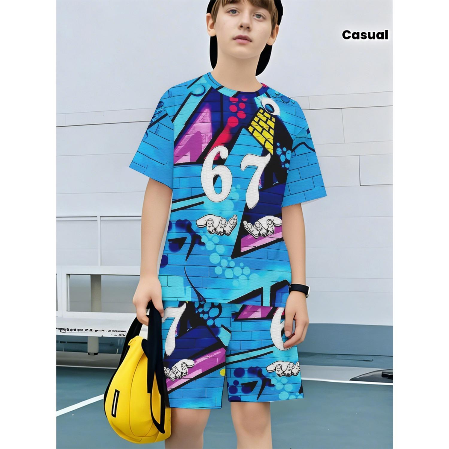

New summer short sleeved T-shirt cartoon style graffiti style fully printed 67 print short sleeved shorts set 5-6 Years