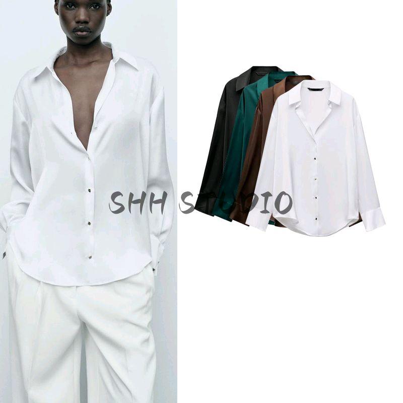 Spring New Women's Clothing French Style Retro Lapels Long Sleeves Minimalist Easiest for Match Silk Satin Textured Shirt 2074580