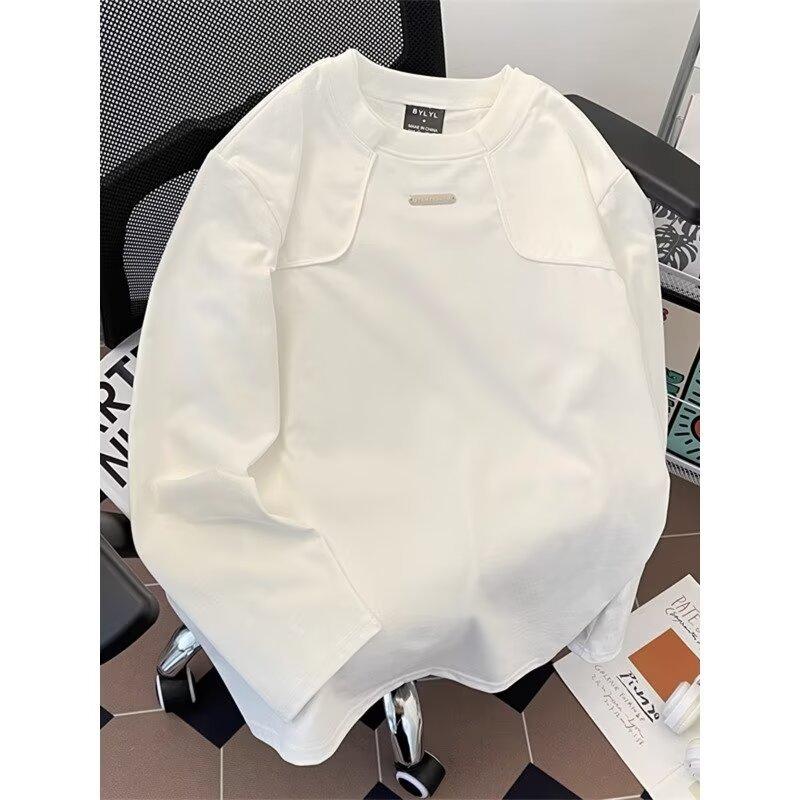 White bottoming shirt men's deconstruction shoulder padded sweater men's niche design sense heavy long-sleeved T-shirt ruffian handsome sense top
