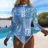 Women Long Sleeve One Piece Swimsuit Zip Front  Geometric Color Collision  Print Rash Guard Surfing Bathing Suit