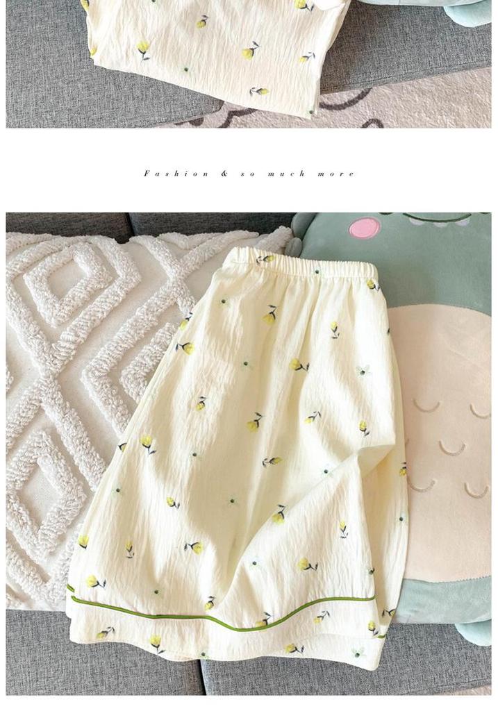 Women's Sweet Summer Pajama Set: Girly Gauze Short-Sleeve Top, Long Pants & Outerwear