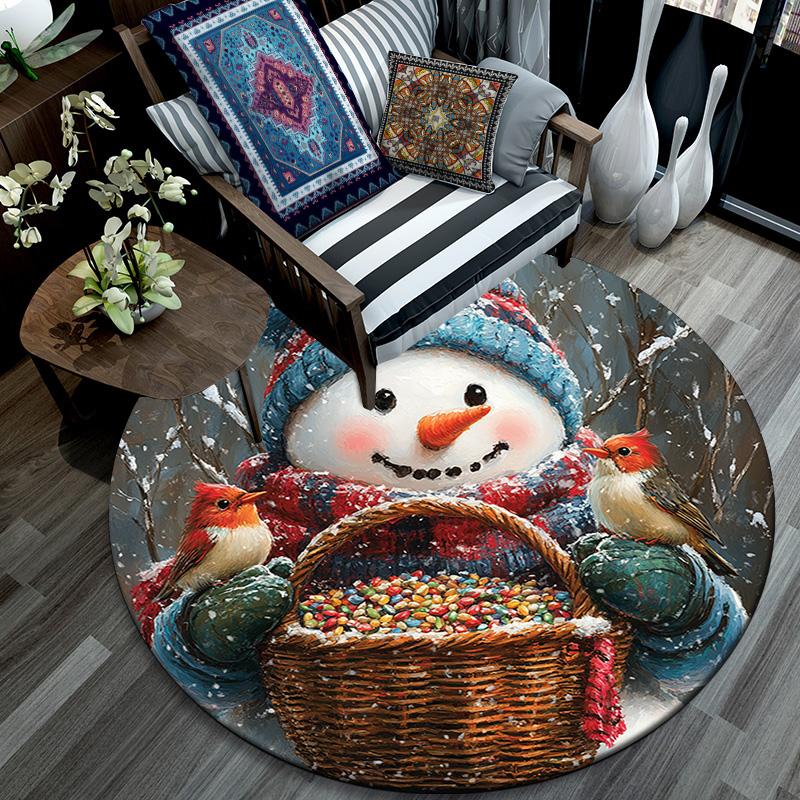 Snowman with Birds Round Area Rug,Carpet Rug for Living Room Bedroom Sofa Playroom Decor,Non-slip Floor Mat