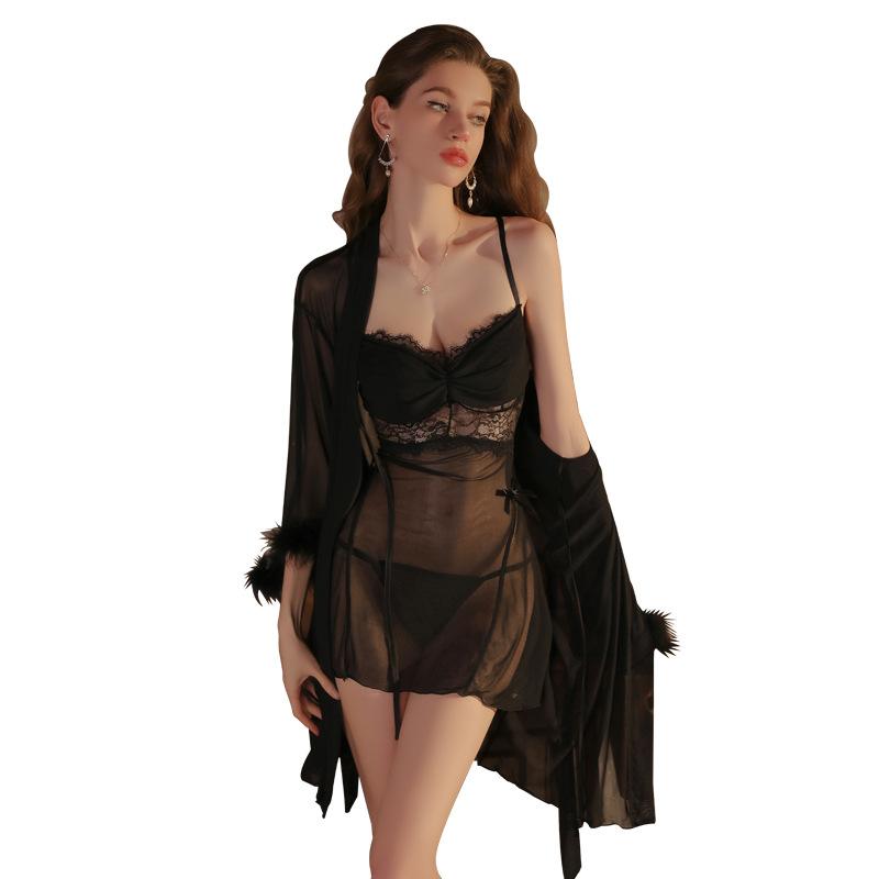 Women's Plus Size Lace Sheer Backless Cami Sleep Dress with Robe Costume Set
