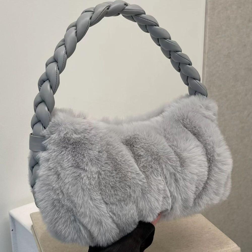 Luxury Furry Shoulder Bag Solid Color Soft Handbag Zipper Fluffy Clutch Bag