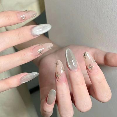 Nagelkunst Tragen Rüstung Temperament Stil Nude Katzenauge Handbemalt Magischer Spiegel Rosa Blume Abnehmbare Falsche Nägel