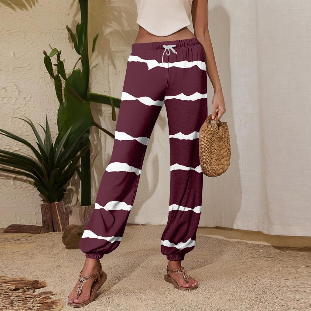 Women's Casual Striped Sweatpants with Drawstring Elastic Waist and Cuffed Hem