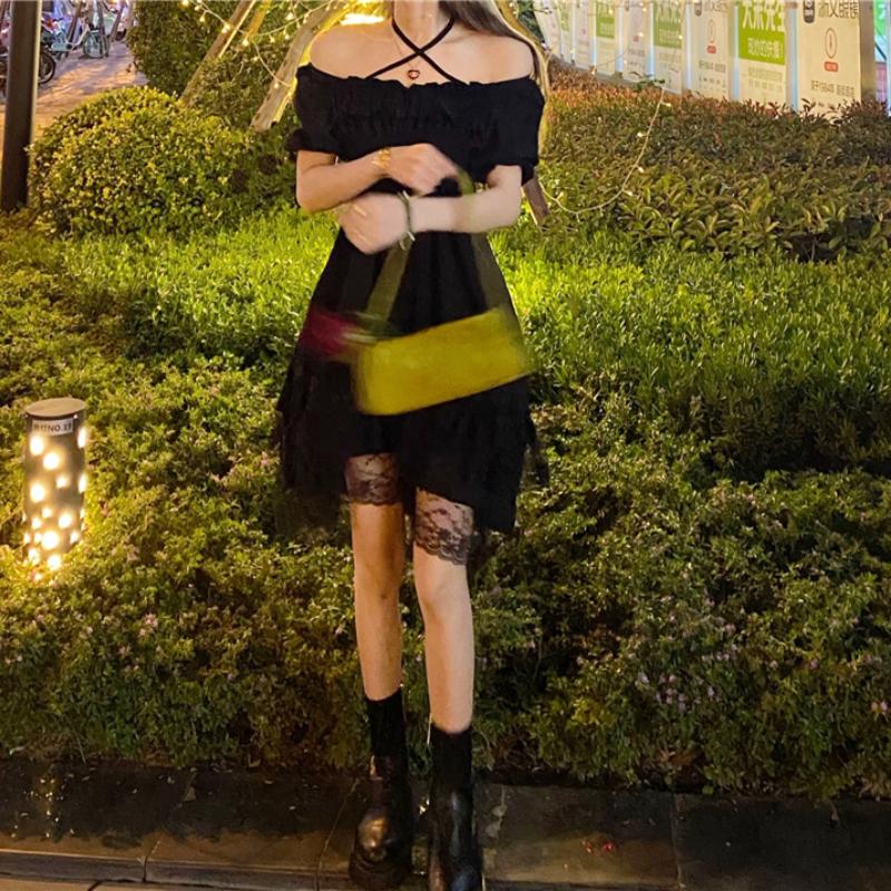 Sommer Kvinner Gotisk Svart Blonder Volanger Kjole Cross Slash Neck Slank Prinsessekjole Puffermet Søt Kawaii Lolita Festkjole