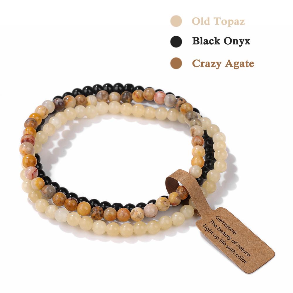 3Pcs/set Natural Green Stone Bracelet 4mm Moss Agates Black Onyx Cat Eye Beads Elastic Bracelets For Women Men Simple Jewelry