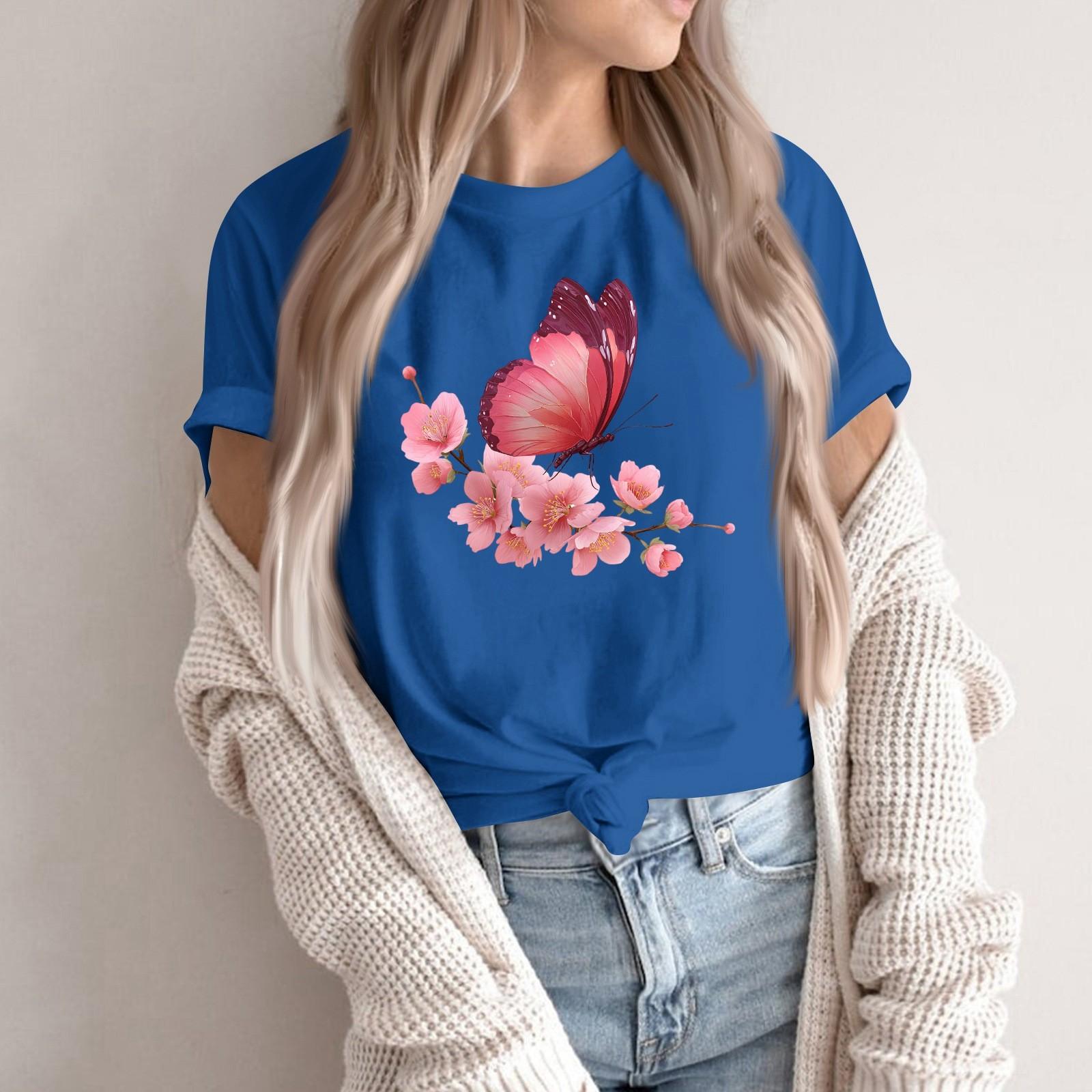 

Women s Fashion Casual Printed Round Neck Short Sleeved Pullover T-Shirt Top S синий
