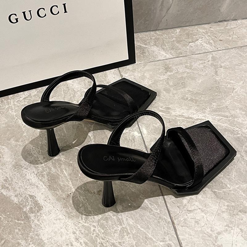 New Black One-word Sandals Sandals Square Head Internet Celebrity High Heels Women's Shoes French Stiletto Summer Tide