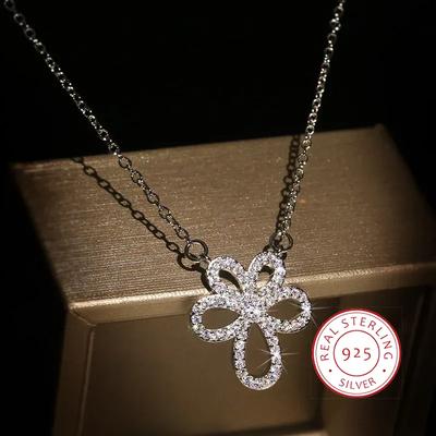 925 Silver Ladies White Gold Filled Dazzling Cubic Zircon Flower Pendant Necklaces for Women Bridal Wedding Jewelry