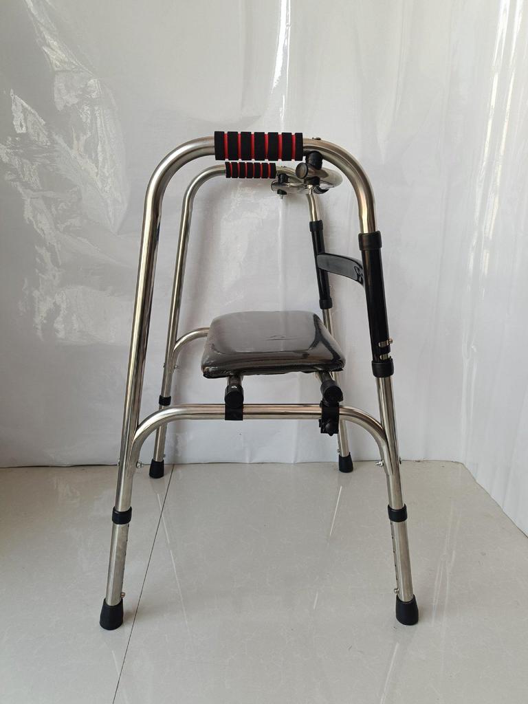 Foldable Stainless Steel Walker with Seat for Elderly - Outdoor, Pushable, Four-Wheel Cane