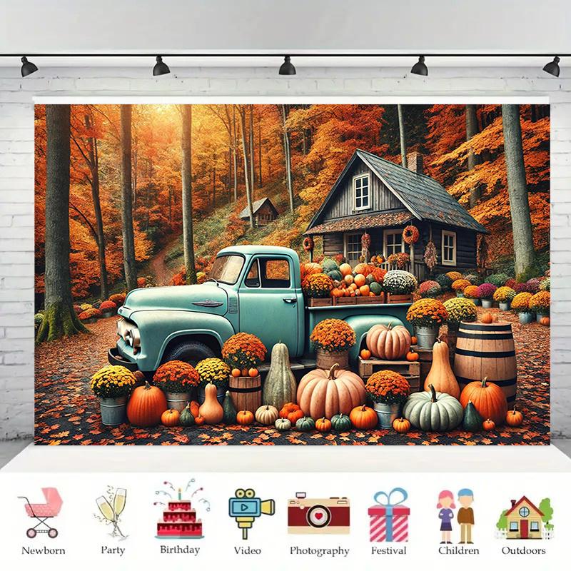 2D Flat Banner, Harvest Thanksgiving Banner - Polyester Rural Scene, Featuring Pumpkins, Sunflowers and Turkeys
