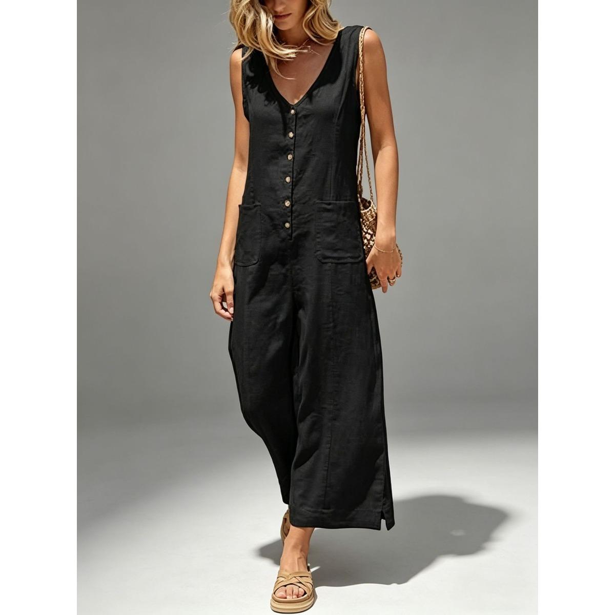 Women s V Neck Sleeveless Jumpsuit Loose Fit Elastic Waist Linen Wide Leg Jumpsuit S