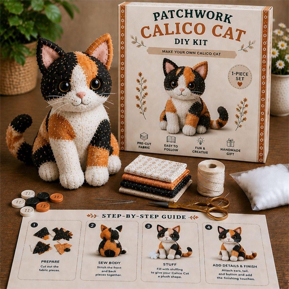 Step by Step Guide Cat Sewing Kit Pre Cut Fabric Patchwork Craft Kit Patchwork Cat Kit  Home Decor
