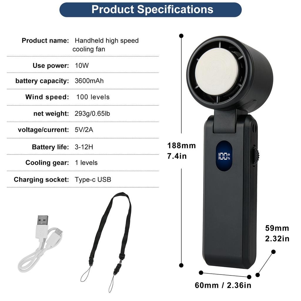 Portable Fan Mini Handheld Fan USB Rechargeable Turbo Fan Foldable Hand held Fan Small Ice Cooling Fan with 3600mAh Power Bank