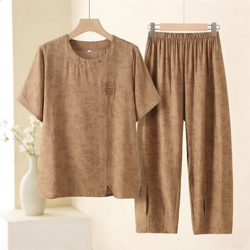 Elderly Women's Short Sleeve Cotton Linen Summer Two-Piece Set