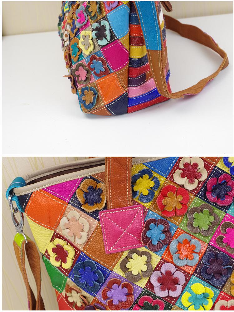 New Genuine Leather Ethnic Style Color Block Shoulder Tote Bag for Women