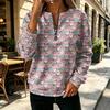 Women's V-Neck Half Zip Long Sleeve Pullover with Small Heart Print, Zipper Pull and Cuffed Sleeves